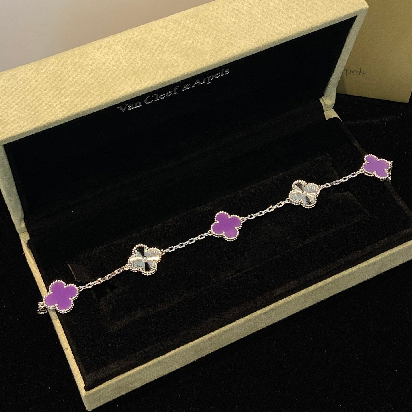 CLOVER 5 MOTIFS PURPLE VIOLET BRACELET SILVER