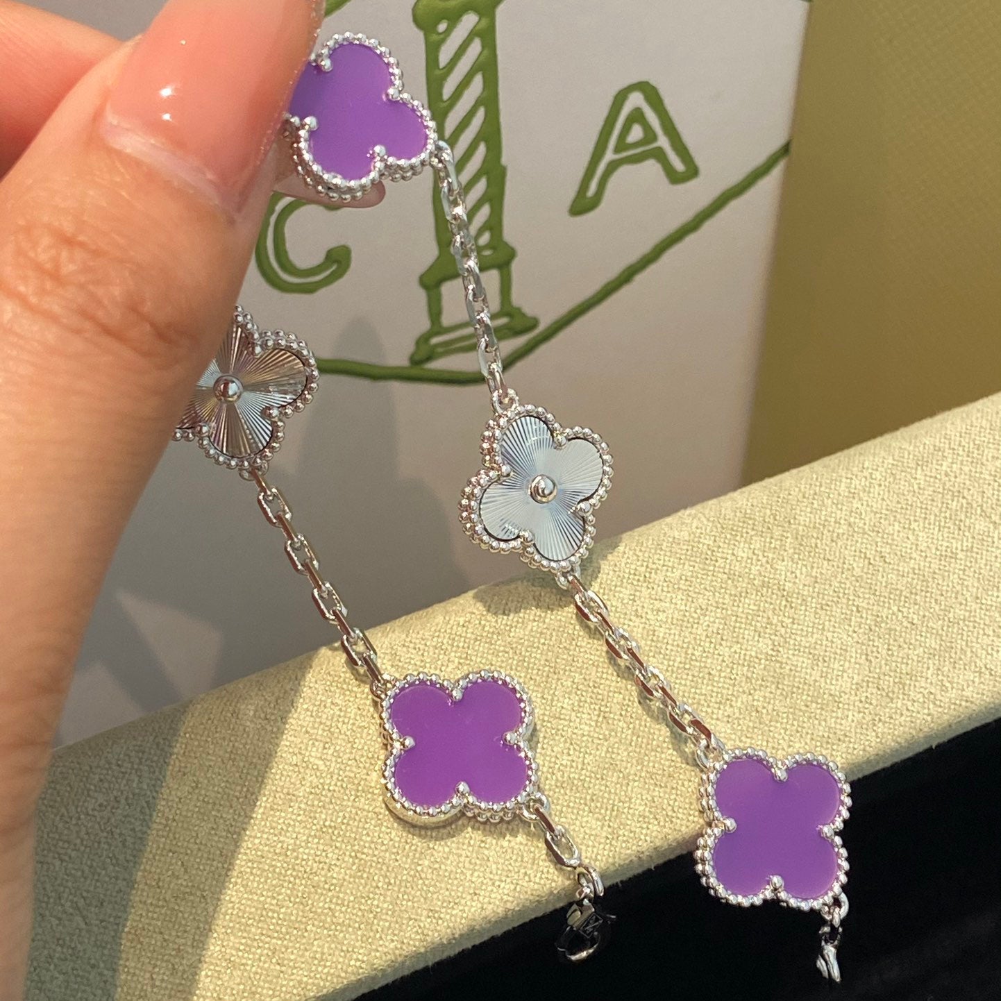 CLOVER 5 MOTIFS PURPLE VIOLET BRACELET SILVER