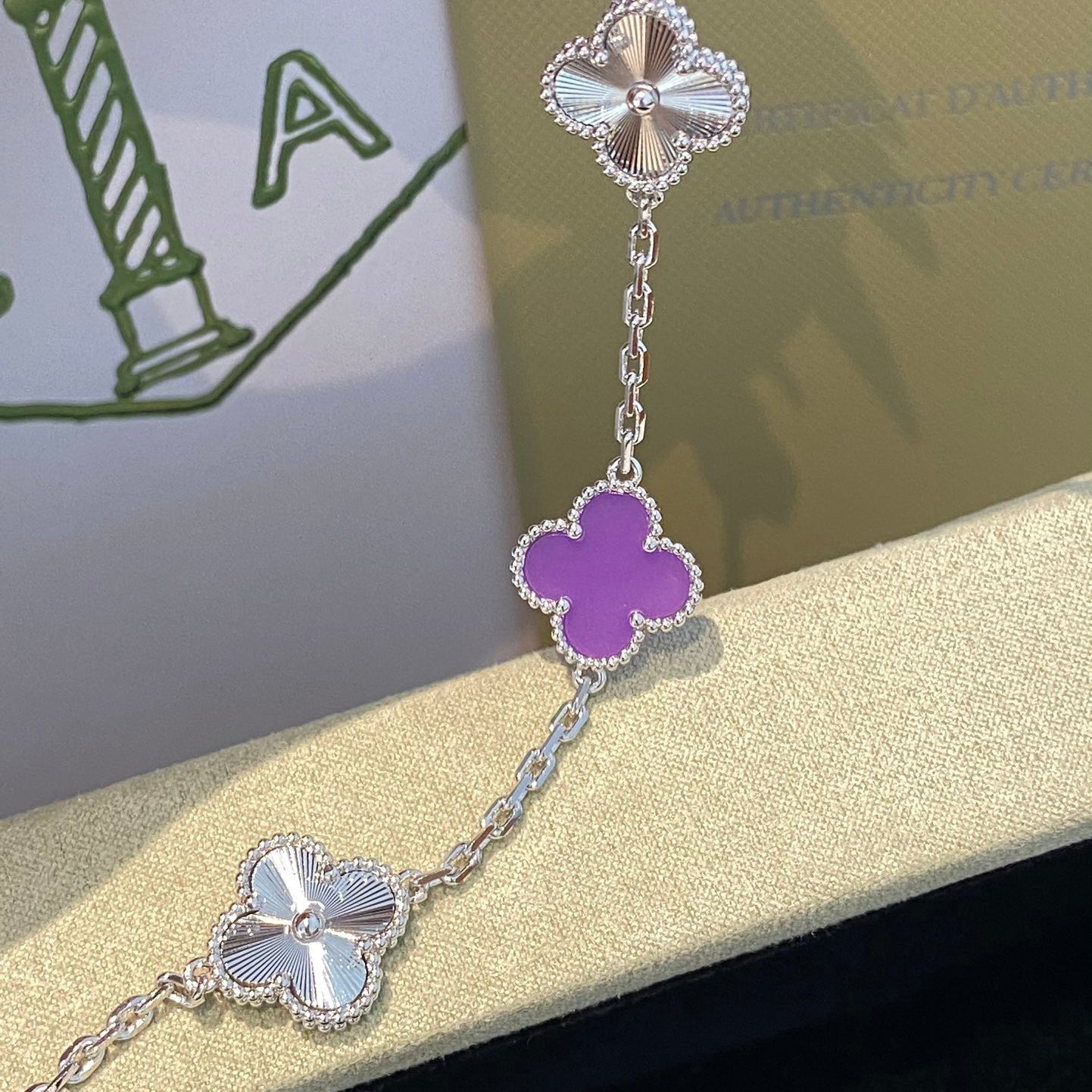 CLOVER 5 MOTIFS PURPLE VIOLET BRACELET SILVER