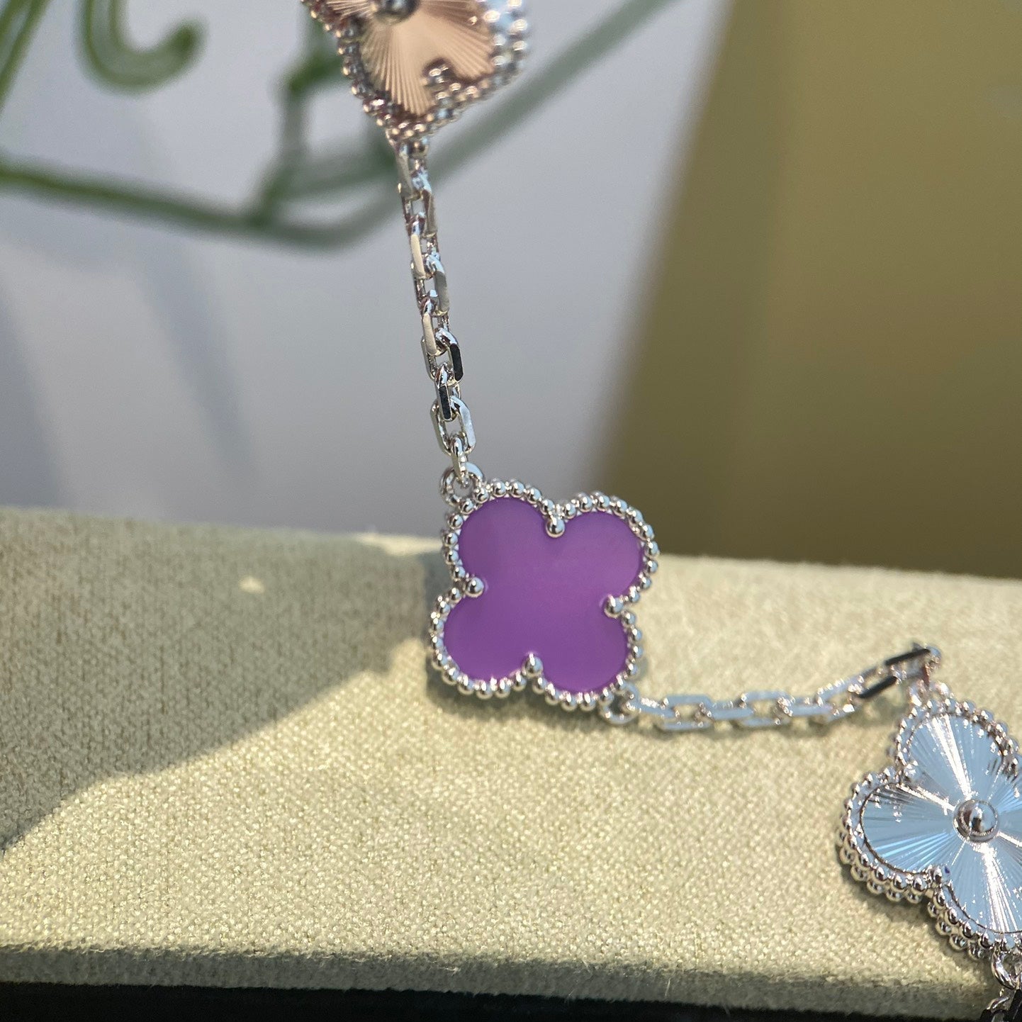 CLOVER 5 MOTIFS PURPLE VIOLET BRACELET SILVER