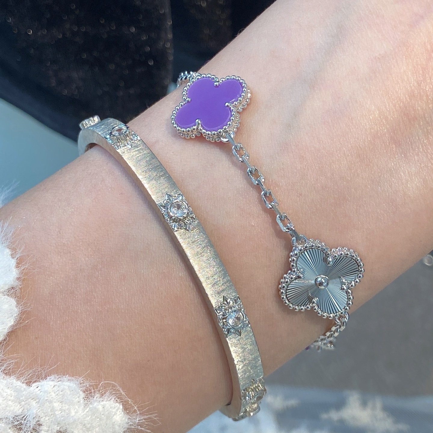 CLOVER 5 MOTIFS PURPLE VIOLET BRACELET SILVER