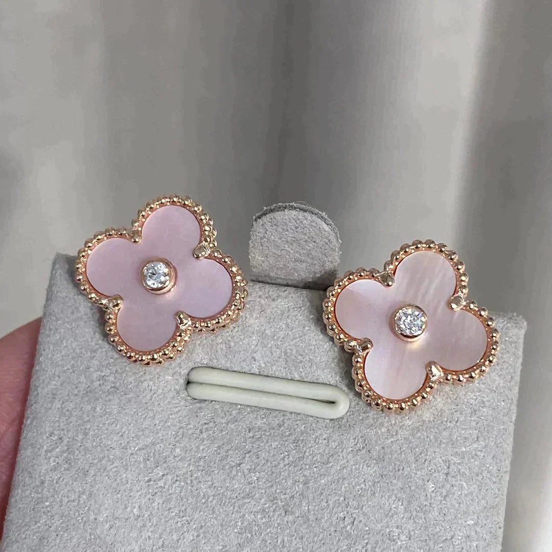 CLOVER MEDIUM 1 MOTIFS PINK MOP DIAMOND EARRINGS