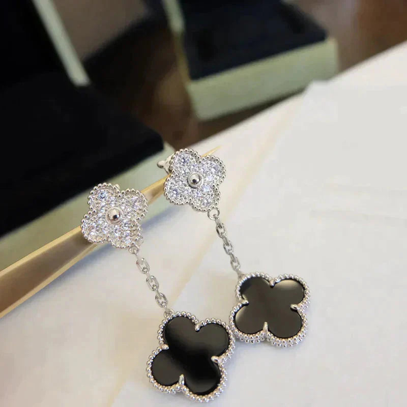 CLOVER 2 MOTIFS DIAMOND ONYX EARRINGS SILVER