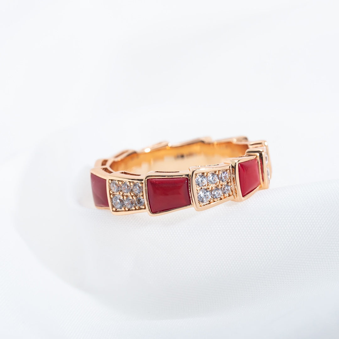 LUXEIFY SERPENTI RING PINK GOLD CARNELIAN DIAMOND PAVED 4MM