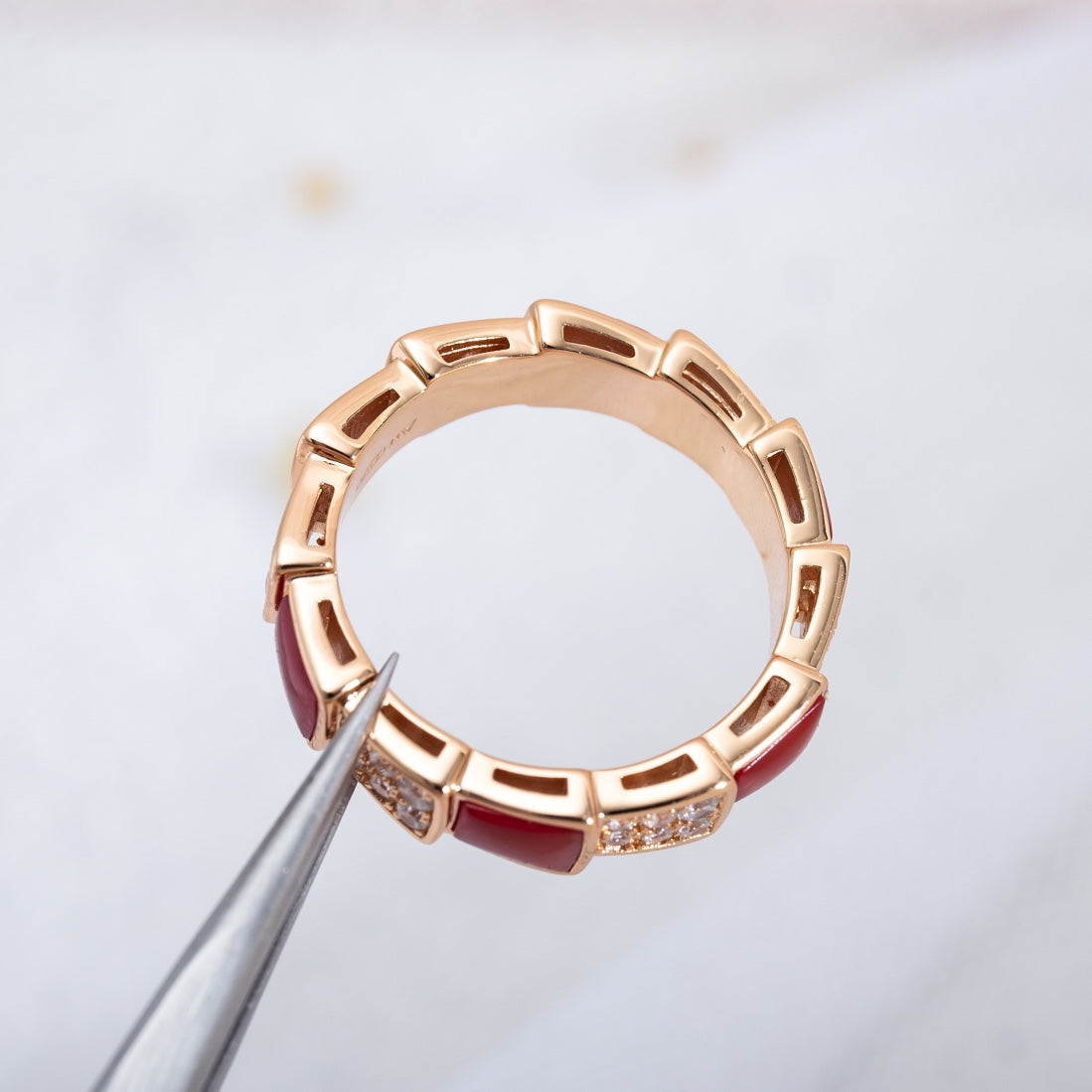 LUXEIFY SERPENTI RING PINK GOLD CARNELIAN DIAMOND PAVED 4MM