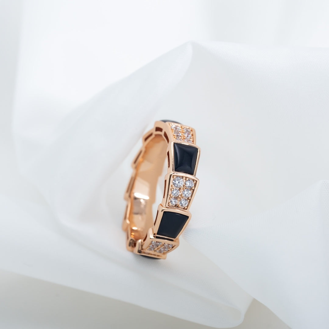 LUXEIFY SERPENTI RING PINK GOLD BLACK MOP DIAMOND PAVED 4MM