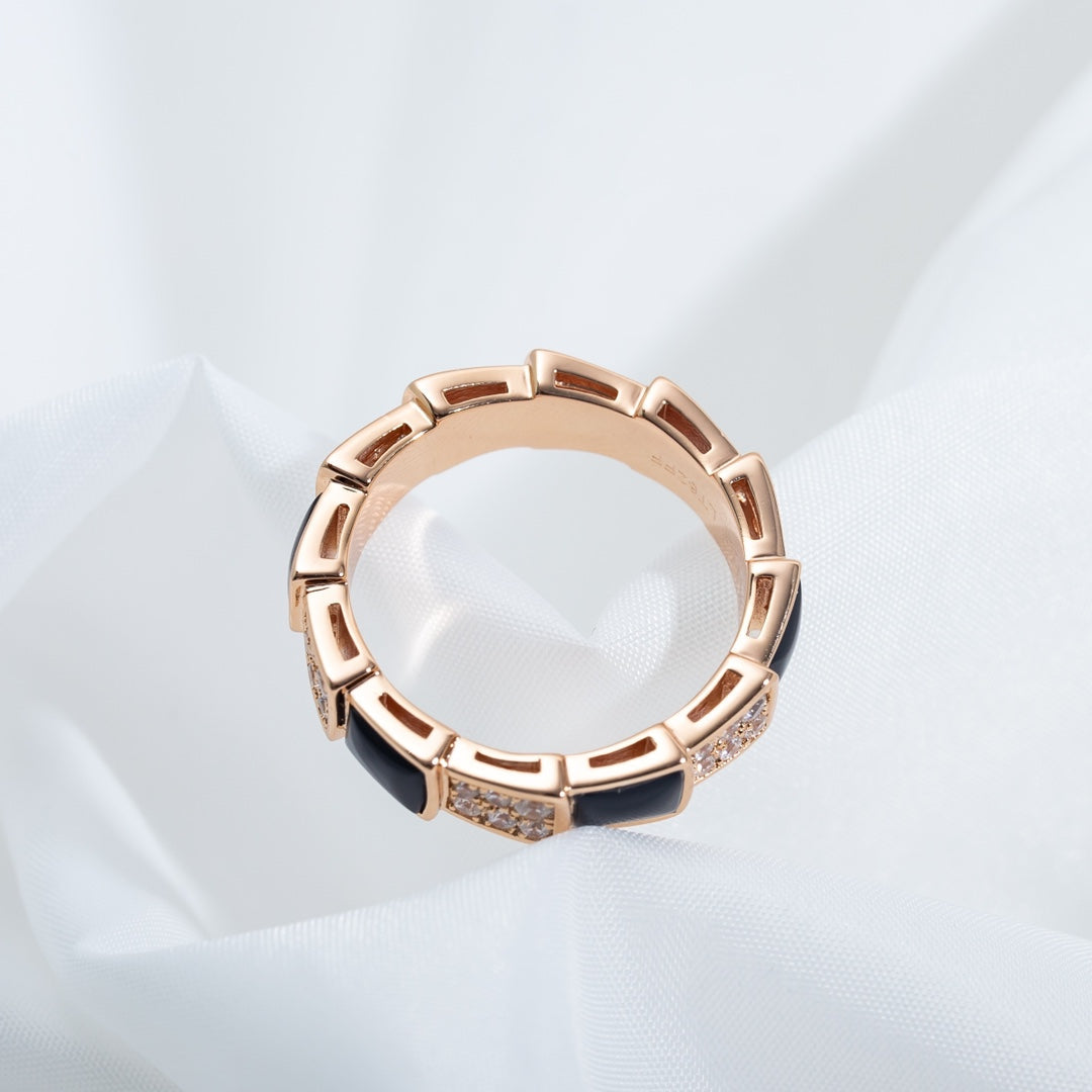 LUXEIFY SERPENTI RING PINK GOLD BLACK MOP DIAMOND PAVED 4MM