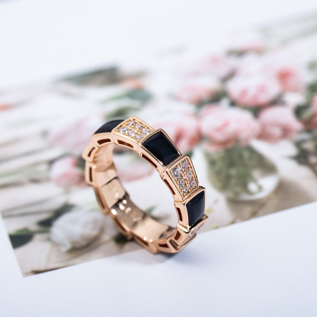 LUXEIFY SERPENTI RING PINK GOLD BLACK MOP DIAMOND PAVED 4MM
