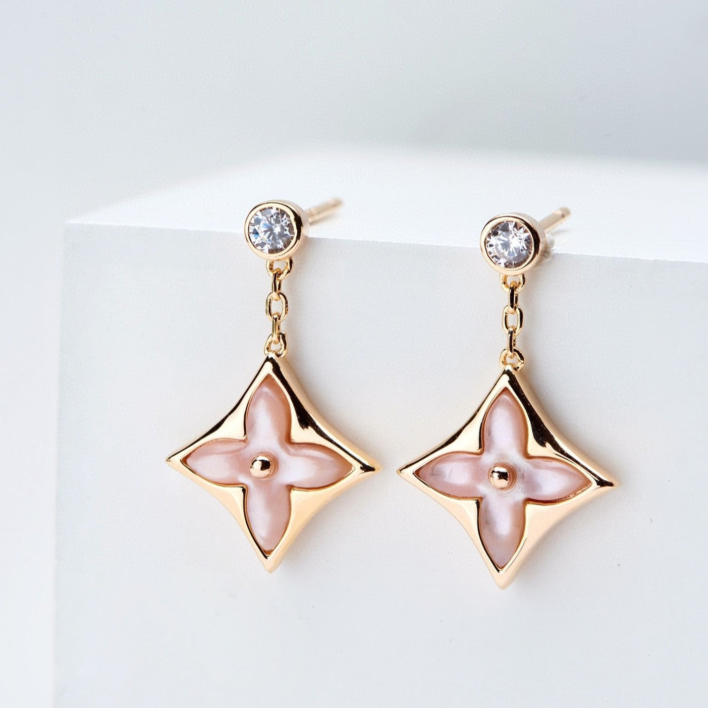 LUXEIFY DOUBLE STAR PINK GOLD MOP DROP EARRINGS
