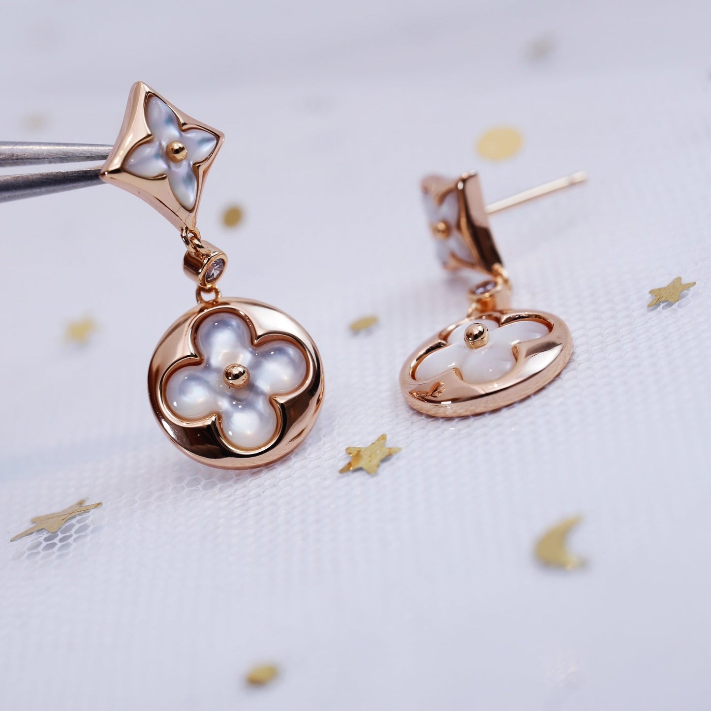 LUXEIFY STAR AND SUN PINK GOLD MOP DROP EARRINGS