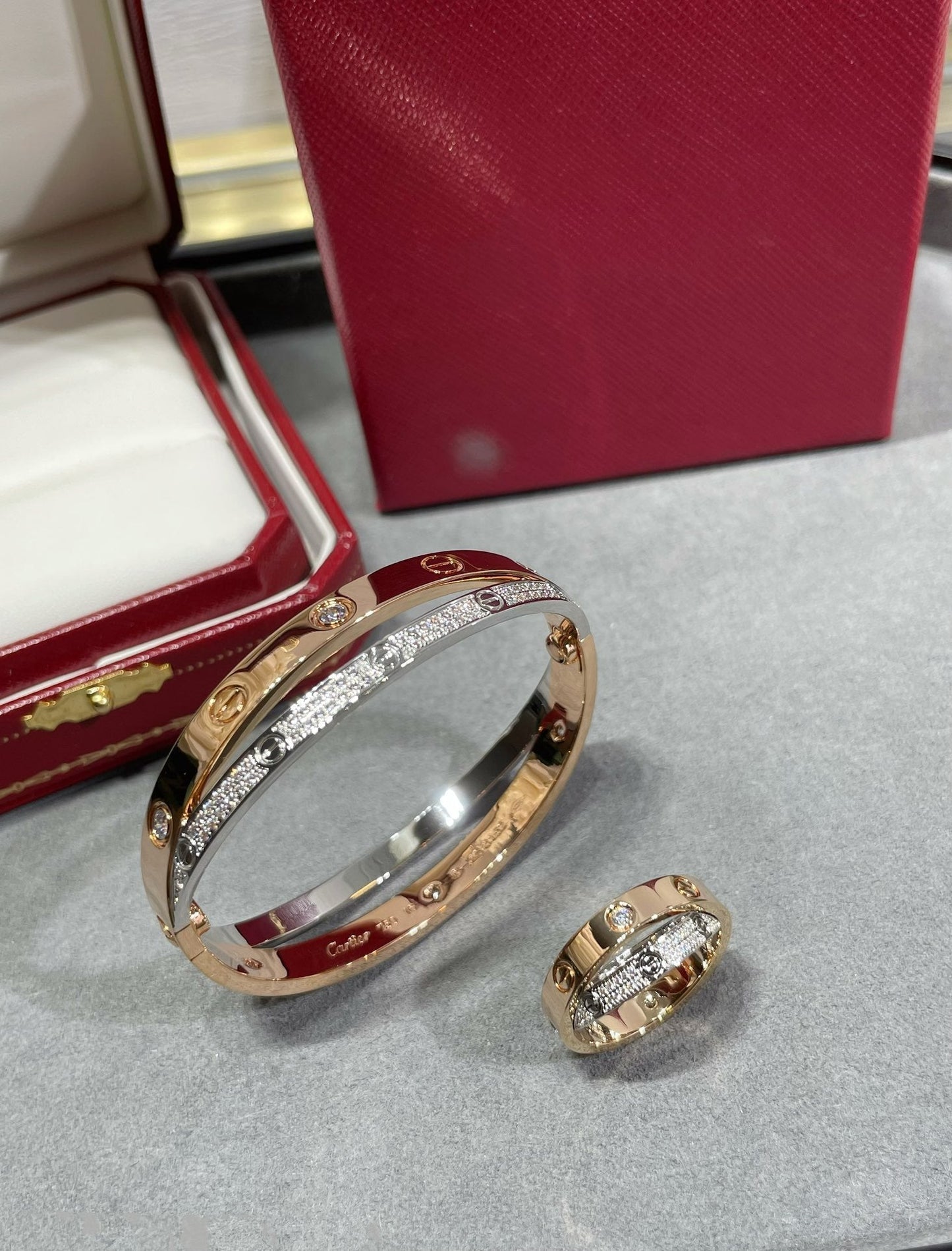 LUXEIFY LOVE PINK GOLD SILVER DIAMOND DOUBLE RING