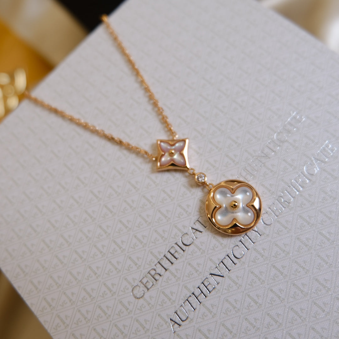 LUXEIFY STAR AND SUN WHITE MOP 2 MOTIF PINK GOLD NECKLACE
