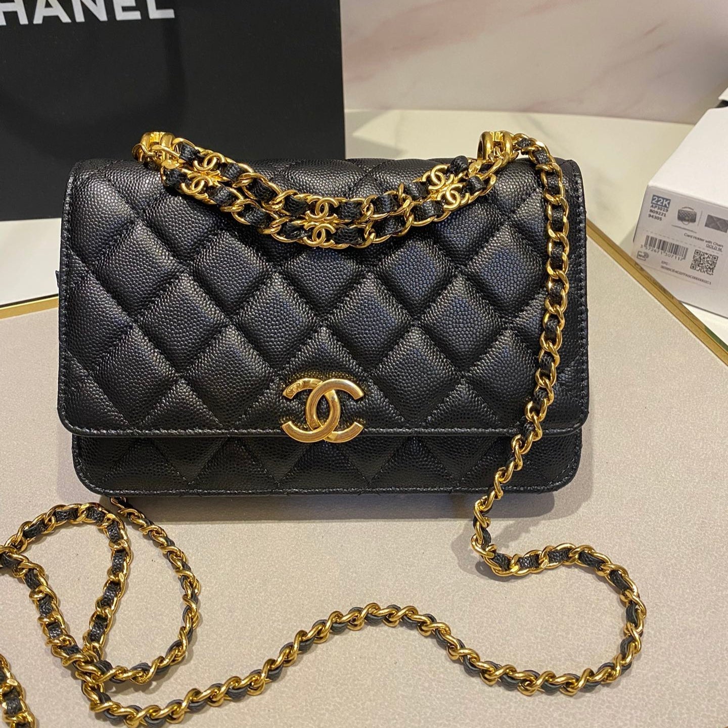 CC MINI 12 ROUND CHAIN BAG IN BLACK CALFSKIN GOLD HARDWARE