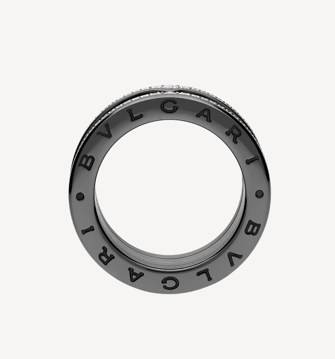 LUXEIFY ZERO 1 ROCK FOUR-BAND BLACK CERAMIC WITH STUDDED SPIRAL AND PAVED DIAMONDS RING