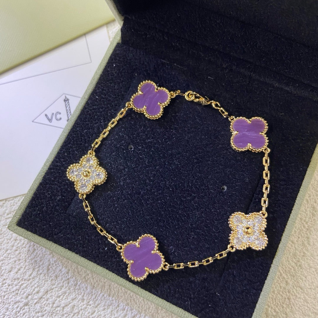CLOVER 5 MOTIFS PURPLE VIOLET DIAMOND BRACELET