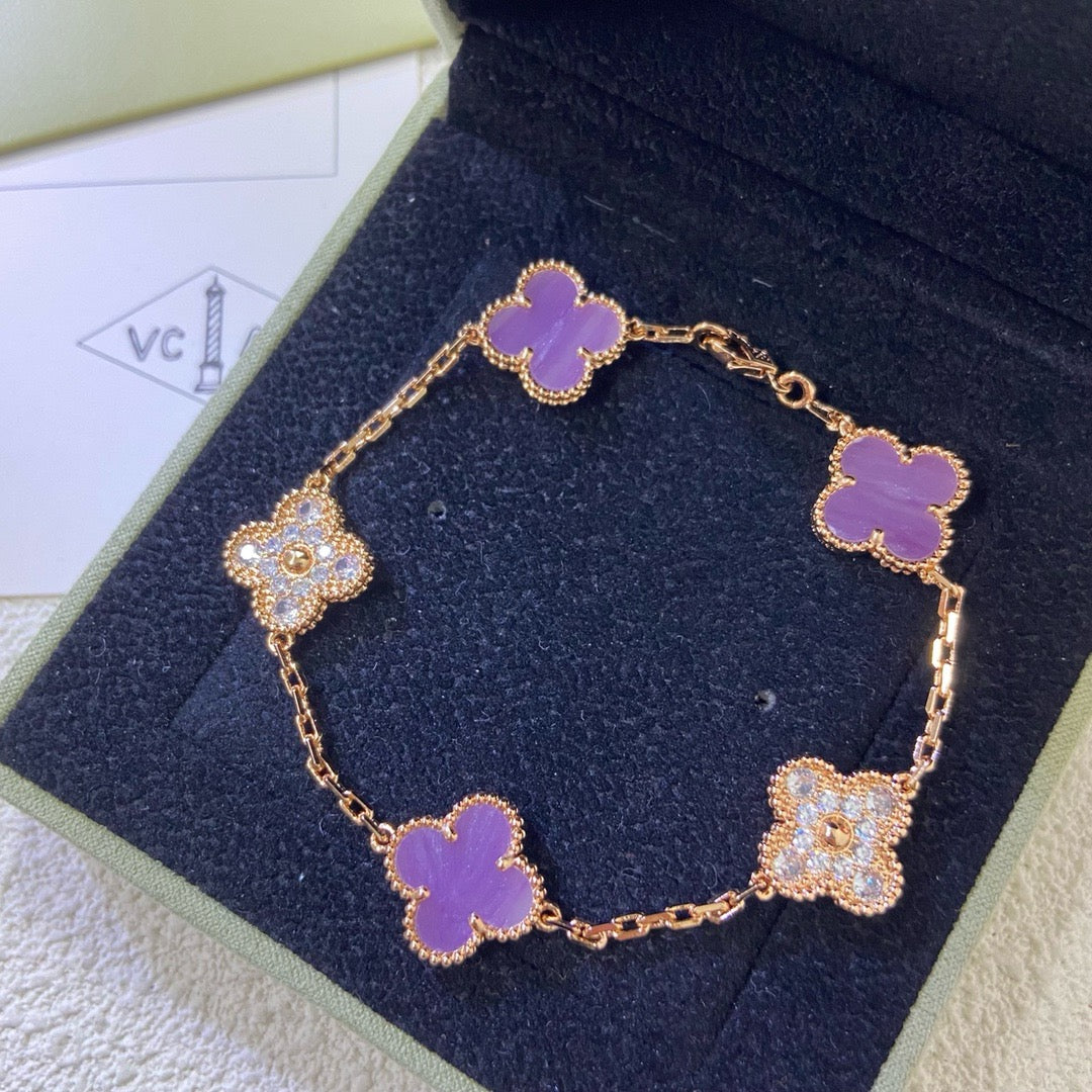 CLOVER 5 MOTIFS PURPLE VIOLET DIAMOND BRACELET