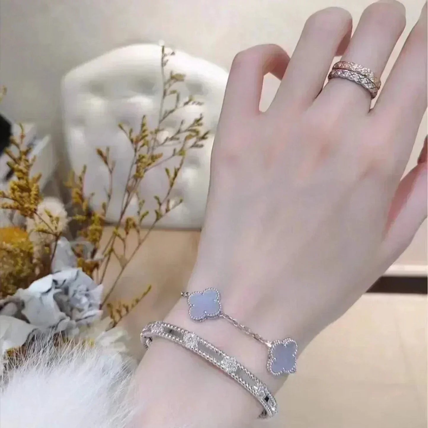 CLOVER 5 MOTIF PURPLE CHALCEDONY BRACELET SILVER