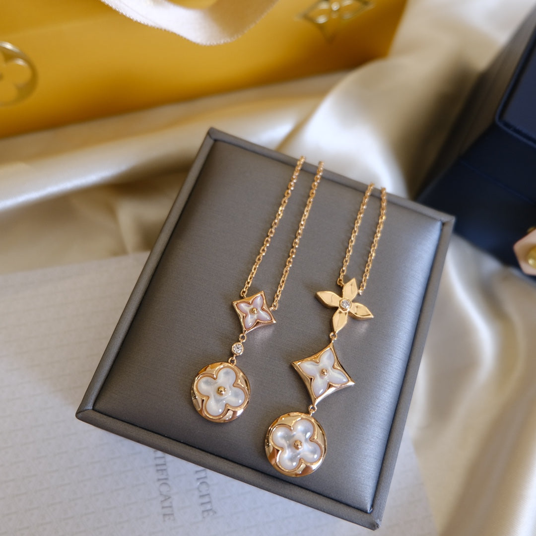 LUXEIFY COLOR BLOSSOM LARIAT NECKLACE PINK GOLD WHITE MOTHER PEARL AND DIAMOND