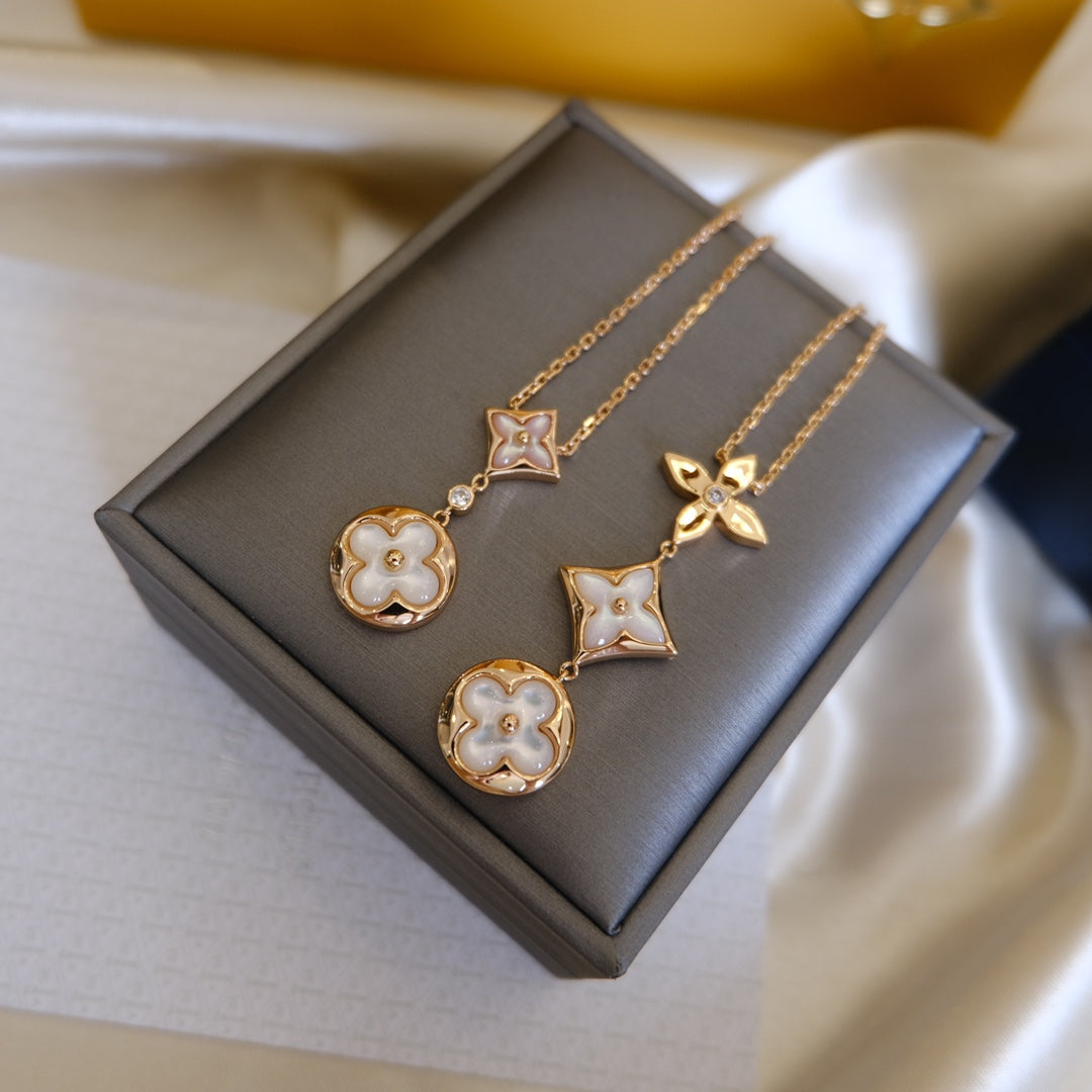 LUXEIFY COLOR BLOSSOM LARIAT NECKLACE PINK GOLD WHITE MOTHER PEARL AND DIAMOND