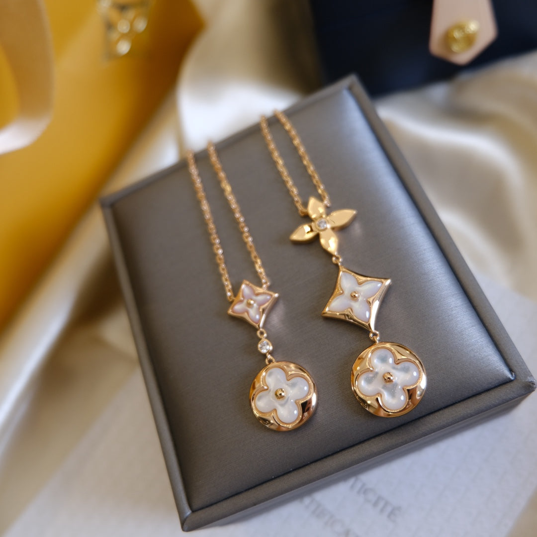 LUXEIFY COLOR BLOSSOM LARIAT NECKLACE PINK GOLD WHITE MOTHER PEARL AND DIAMOND