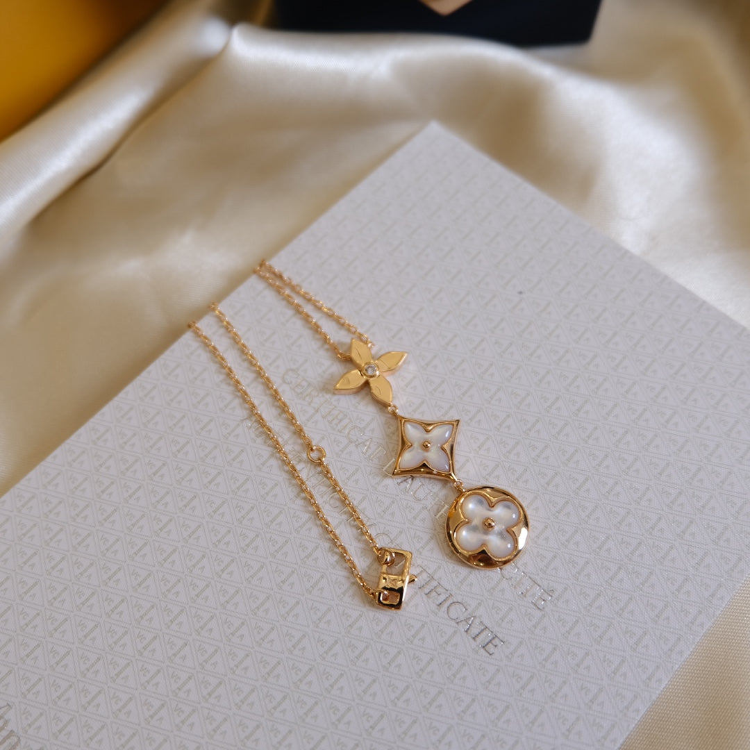 LUXEIFY COLOR BLOSSOM LARIAT NECKLACE PINK GOLD WHITE MOTHER PEARL AND DIAMOND