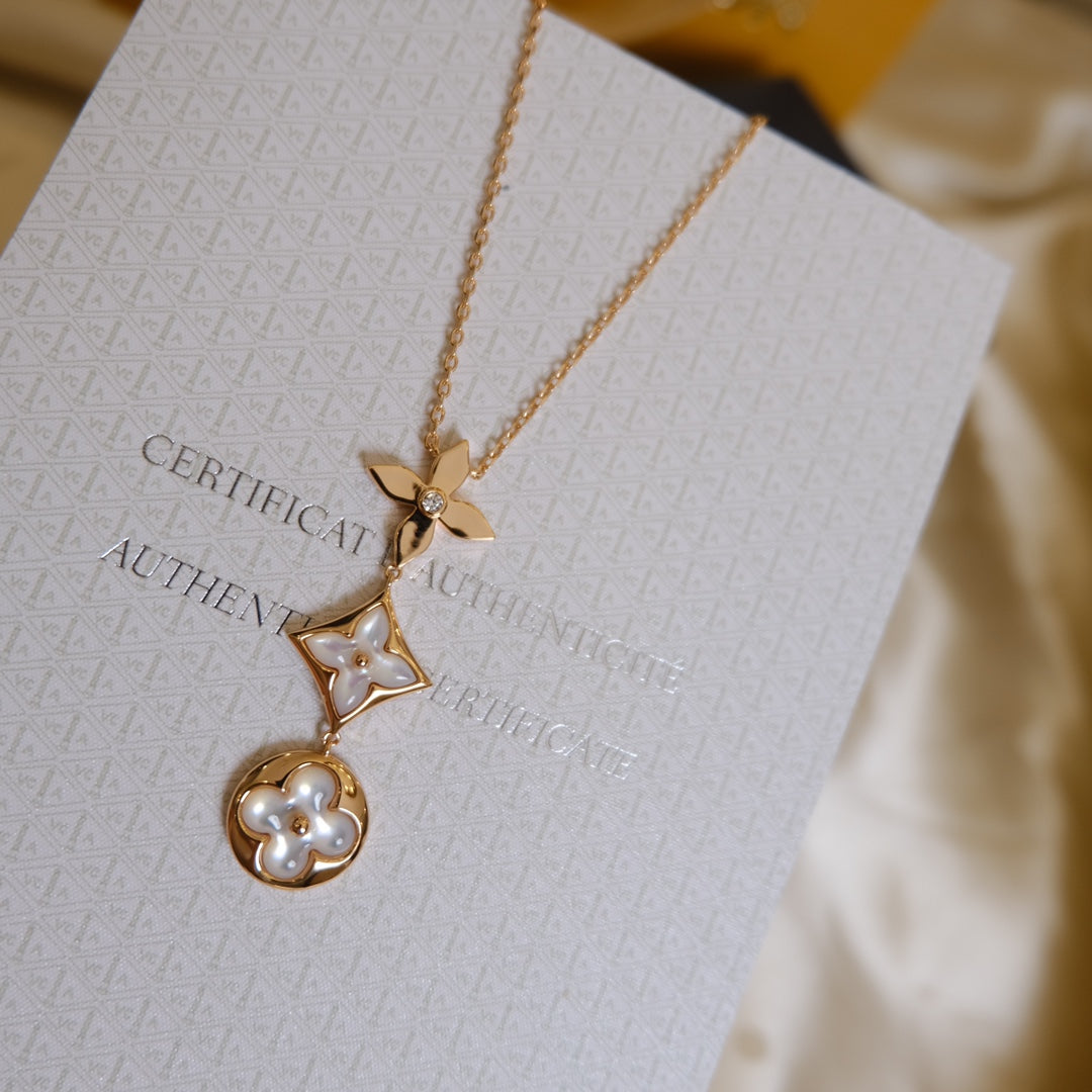 LUXEIFY COLOR BLOSSOM LARIAT NECKLACE PINK GOLD WHITE MOTHER PEARL AND DIAMOND