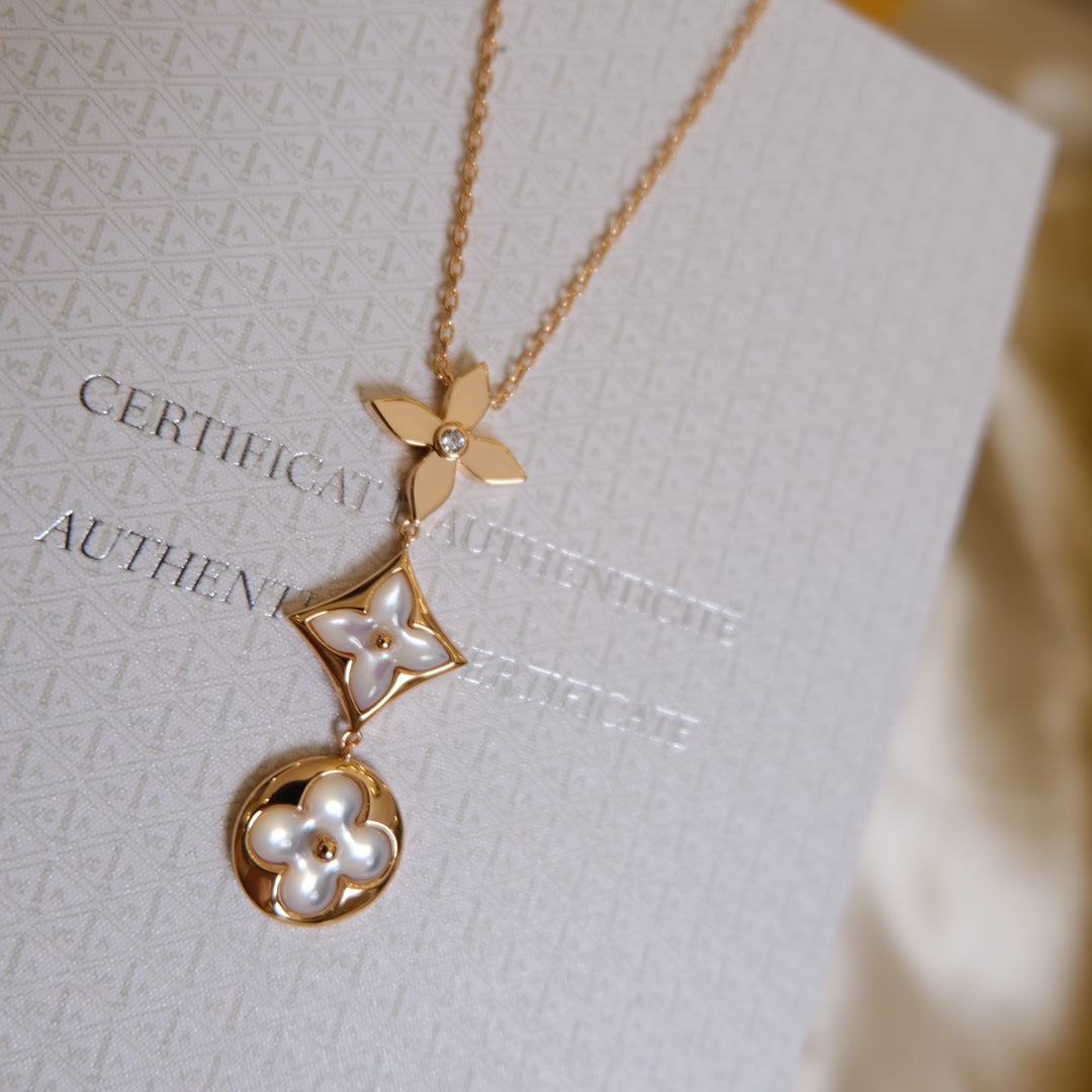 LUXEIFY COLOR BLOSSOM LARIAT NECKLACE PINK GOLD WHITE MOTHER PEARL AND DIAMOND