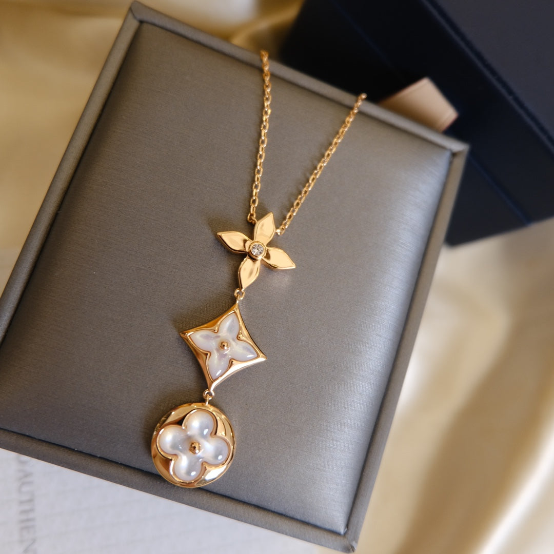LUXEIFY COLOR BLOSSOM LARIAT NECKLACE PINK GOLD WHITE MOTHER PEARL AND DIAMOND