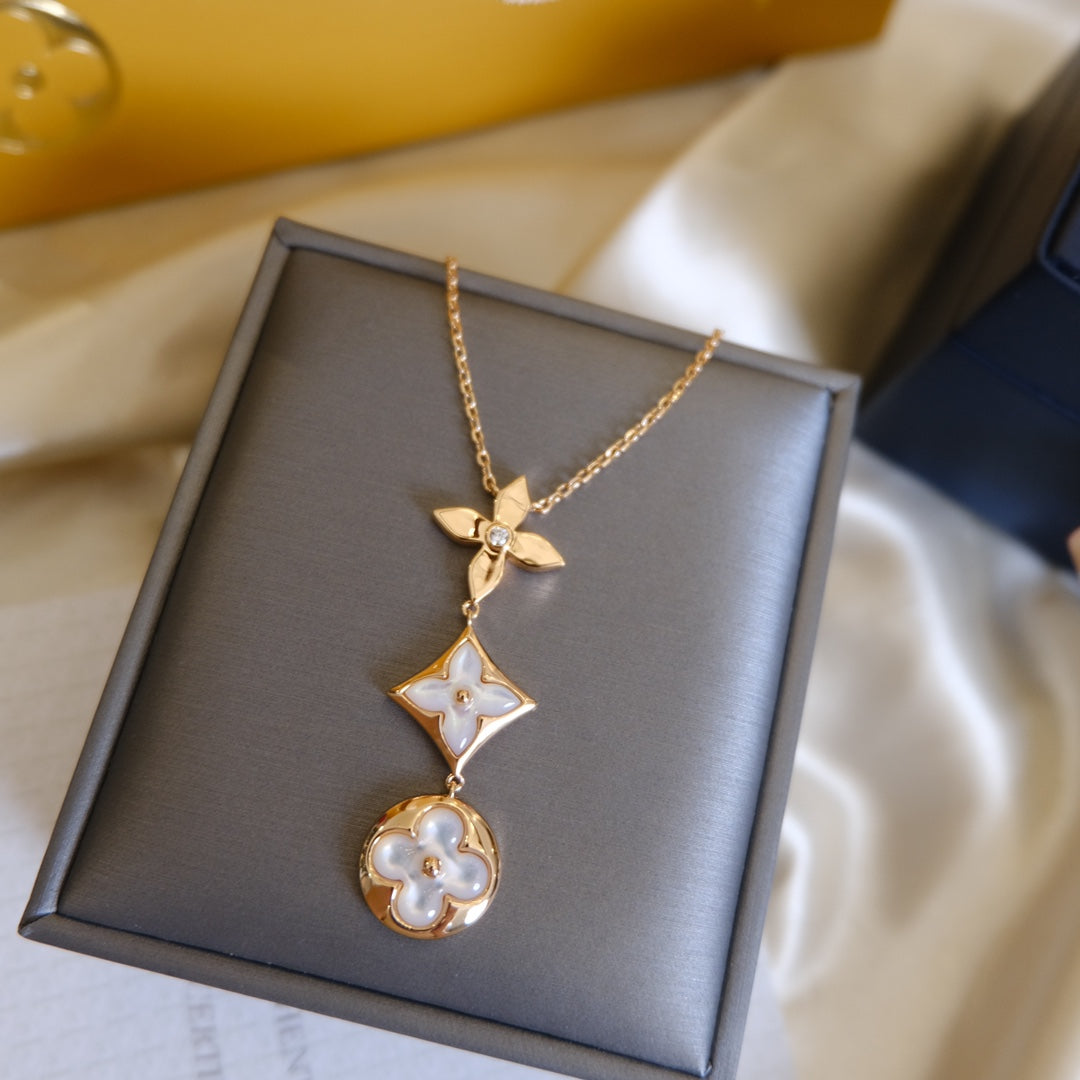 LUXEIFY COLOR BLOSSOM LARIAT NECKLACE PINK GOLD WHITE MOTHER PEARL AND DIAMOND