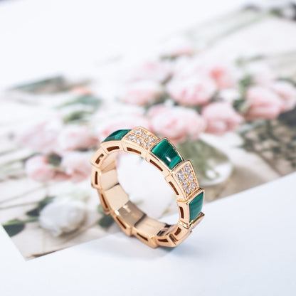 LUXEIFY SERPENTI RING PINK GOLD MALACHITE DIAMOND PAVED 4MM