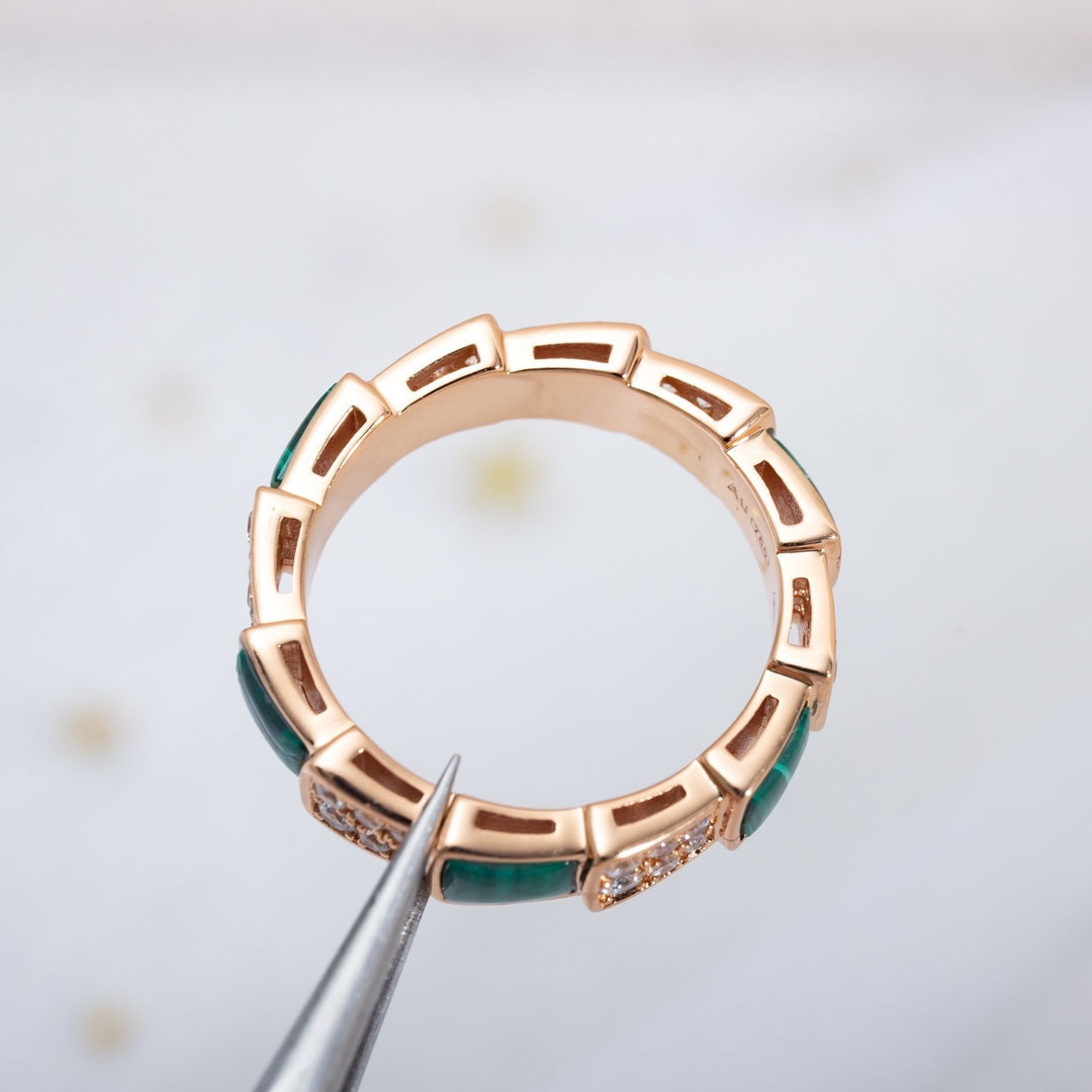 LUXEIFY SERPENTI RING PINK GOLD MALACHITE DIAMOND PAVED 4MM