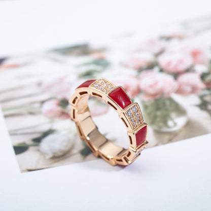 LUXEIFY SERPENTI RING PINK GOLD CARNELIAN DIAMOND PAVED 4MM