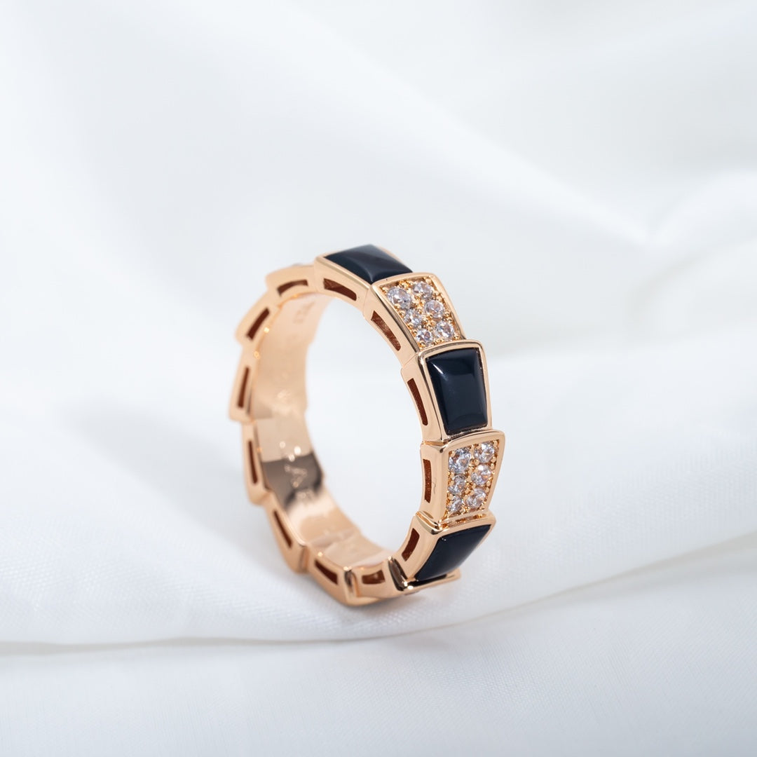 LUXEIFY SERPENTI RING PINK GOLD BLACK MOP DIAMOND PAVED 4MM