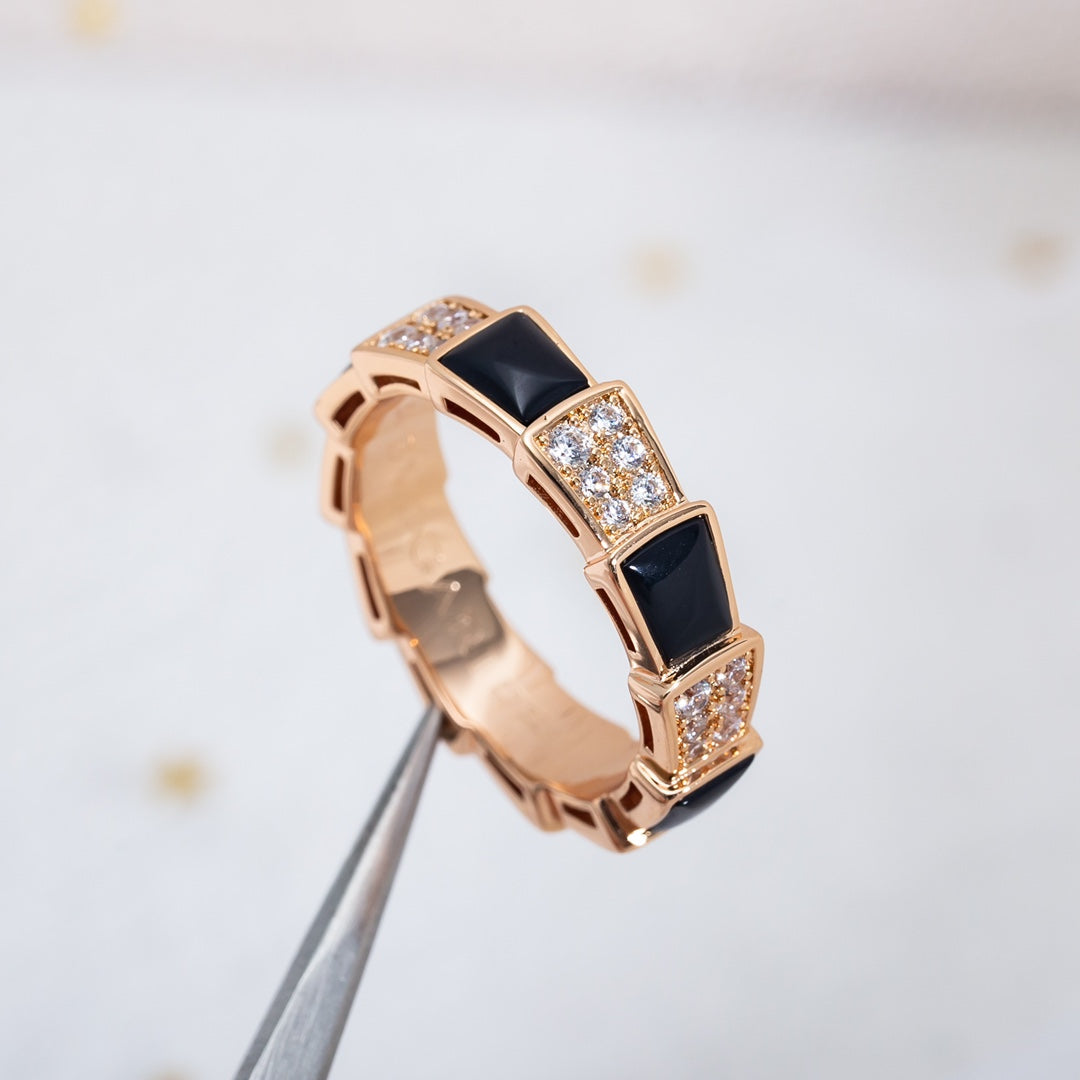 LUXEIFY SERPENTI RING PINK GOLD BLACK MOP DIAMOND PAVED 4MM