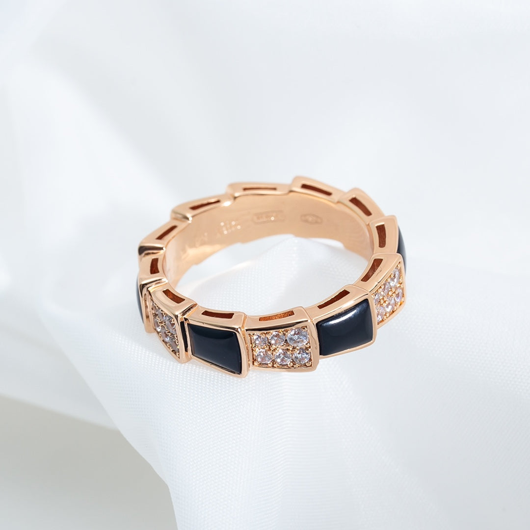 LUXEIFY SERPENTI RING PINK GOLD BLACK MOP DIAMOND PAVED 4MM