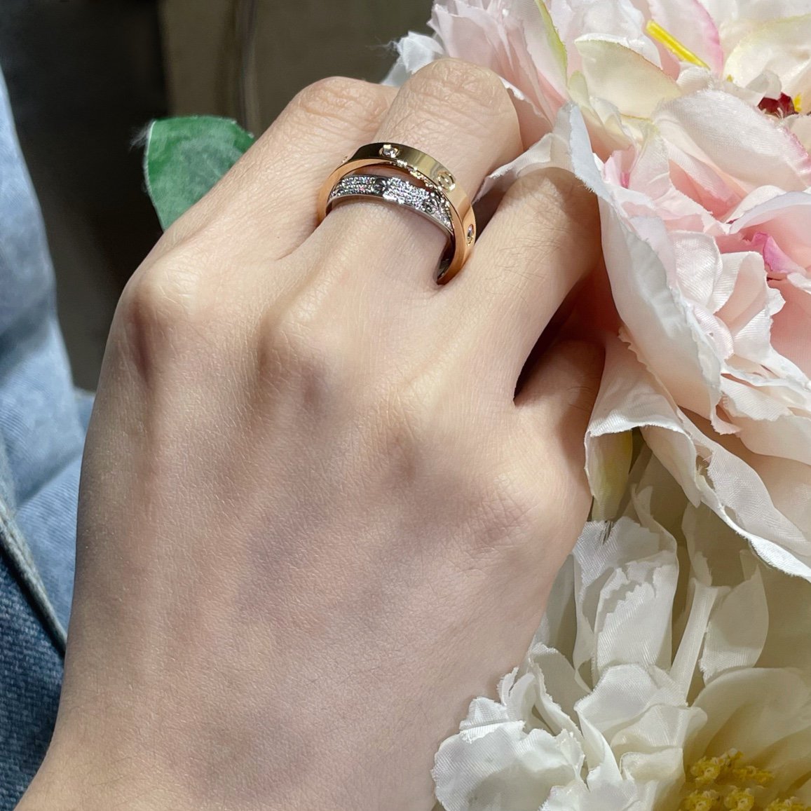 LUXEIFY LOVE PINK GOLD SILVER DIAMOND DOUBLE RING