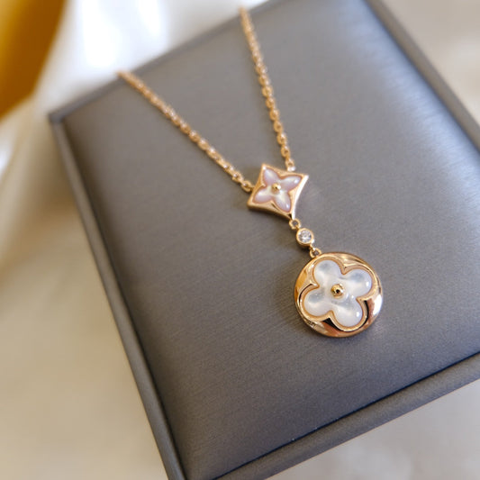LUXEIFY STAR AND SUN WHITE MOP 2 MOTIF PINK GOLD NECKLACE