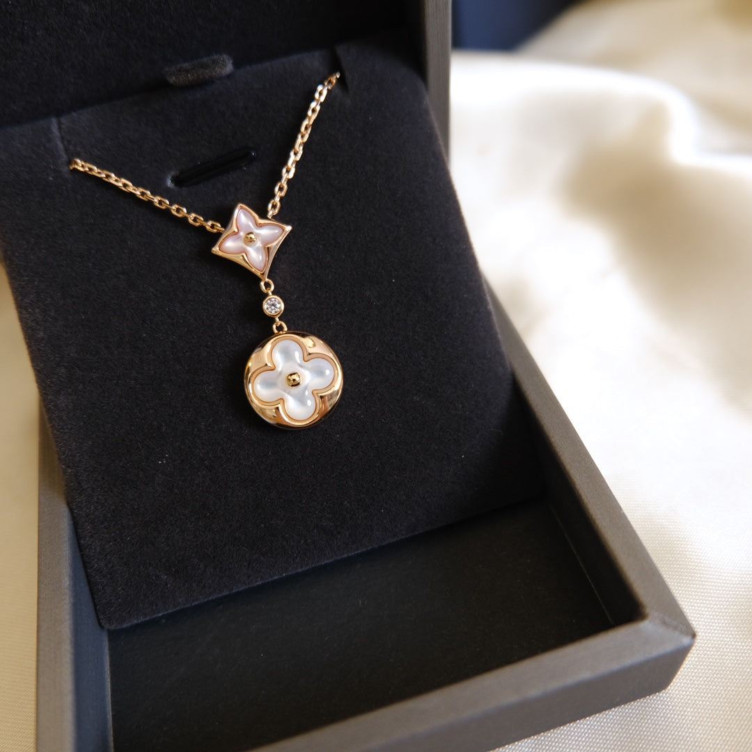 LUXEIFY STAR AND SUN WHITE MOP 2 MOTIF PINK GOLD NECKLACE