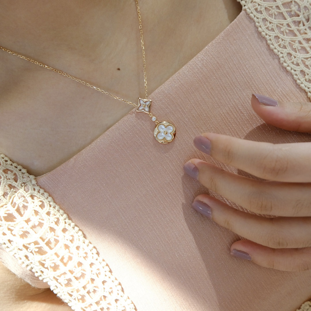 LUXEIFY STAR AND SUN WHITE MOP 2 MOTIF PINK GOLD NECKLACE