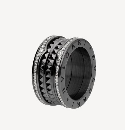 LUXEIFY ZERO 1 ROCK FOUR-BAND BLACK CERAMIC WITH STUDDED SPIRAL AND PAVED DIAMONDS RING