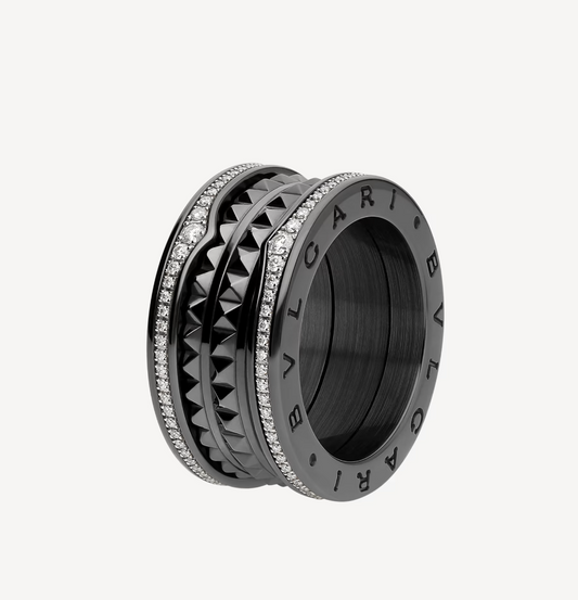 LUXEIFY ZERO 1 ROCK FOUR-BAND BLACK CERAMIC WITH STUDDED SPIRAL AND PAVED DIAMONDS RING
