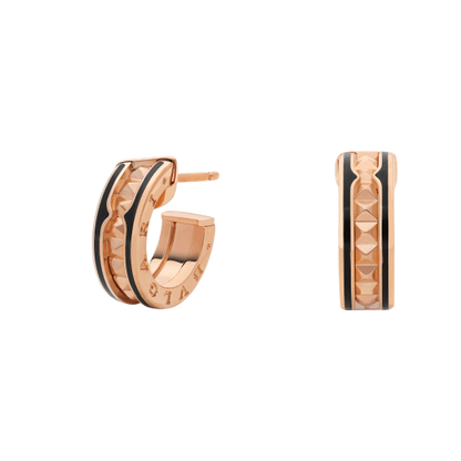 LUXEIFY ZERO 1 ROCK PINK GOLD EARRINGS WITH STUDDED SPIRAL AND BLACK CERAMIC