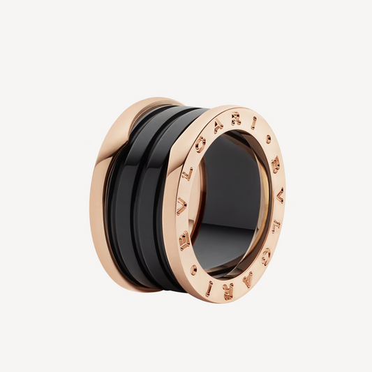 LUXEIFY ZERO 1 FOUR-BAND LOOPS AND BLACK CERAMIC SPIRAL PINK GOLD RING