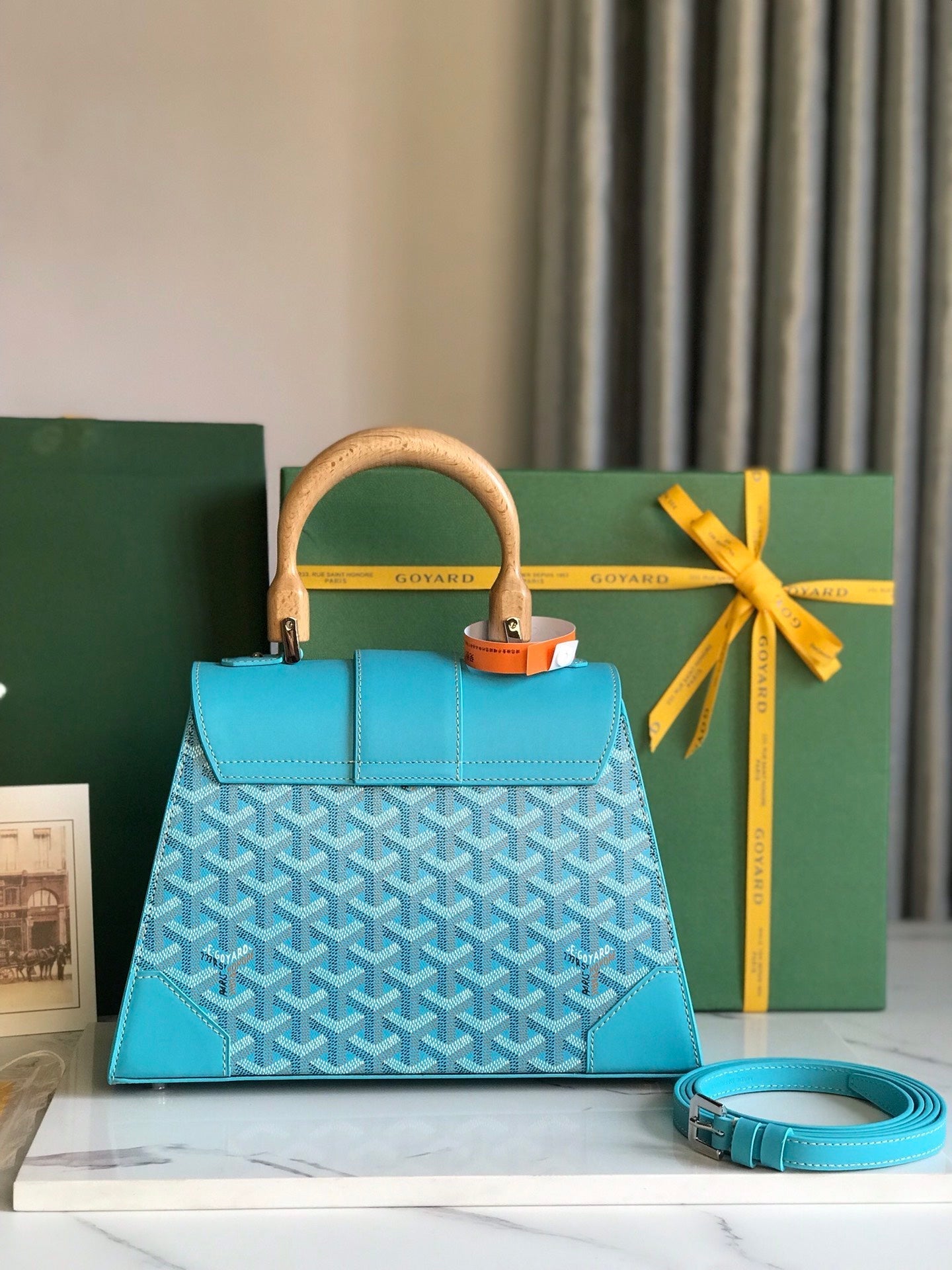 SA?GON PM BAG 28 IN LIGHT BLUE GOYARDINE CANVAS AND CALFSKIN