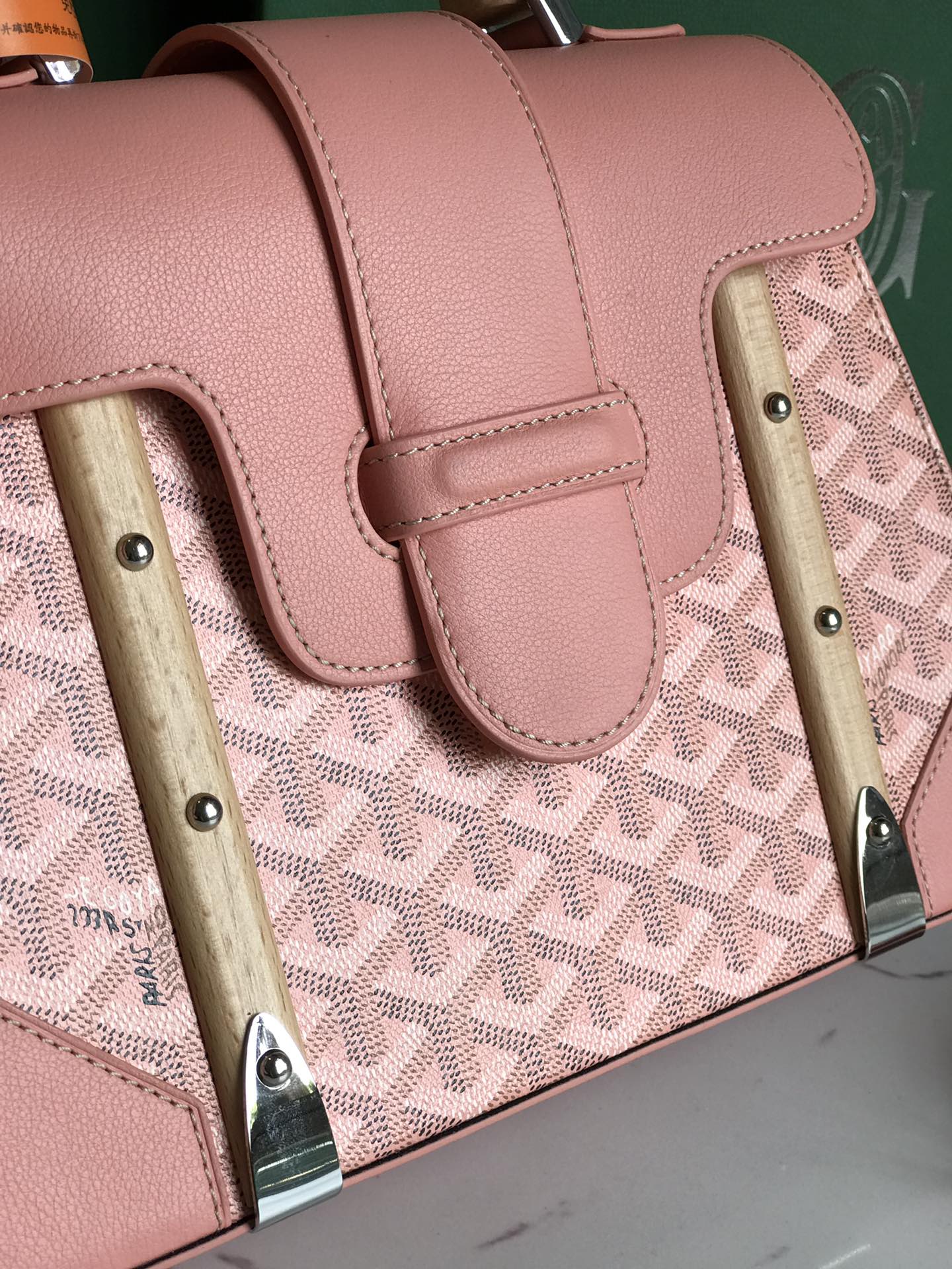 SA?GON PM BAG 28 IN BABY PINK GOYARDINE CANVAS AND CALFSKIN