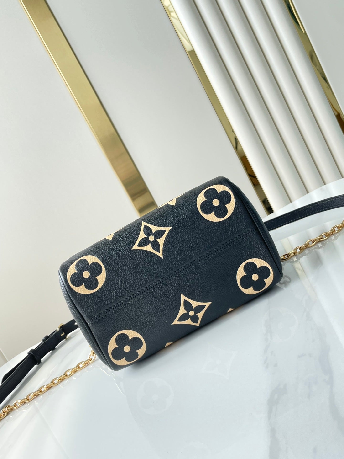 SPEEDY BANDOULI¨¨RE 20 IN BLACK CREAM MONOGRAM EMPREINTE LEATHER GOLD HARDWARE