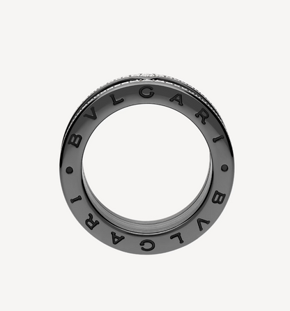 LUXEIFY ZERO 1 ROCK FOUR-BAND BLACK CERAMIC WITH STUDDED SPIRAL AND PAVED DIAMONDS RING