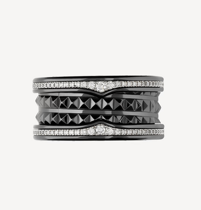 LUXEIFY ZERO 1 ROCK FOUR-BAND BLACK CERAMIC WITH STUDDED SPIRAL AND PAVED DIAMONDS RING
