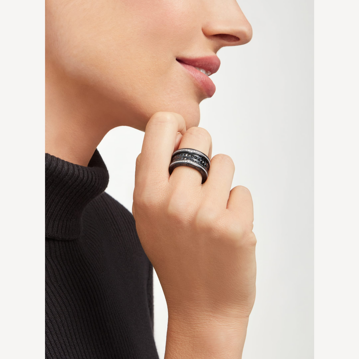 LUXEIFY ZERO 1 ROCK FOUR-BAND BLACK CERAMIC WITH STUDDED SPIRAL AND PAVED DIAMONDS RING