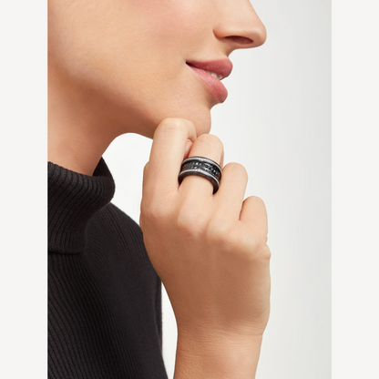 LUXEIFY ZERO 1 ROCK FOUR-BAND BLACK CERAMIC WITH STUDDED SPIRAL AND PAVED DIAMONDS RING